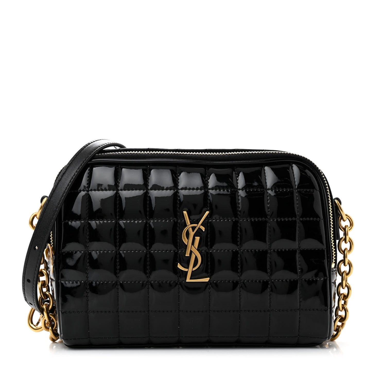 Patent Calfskin Carre Quilted Cassandre Mini Camera Bag Black