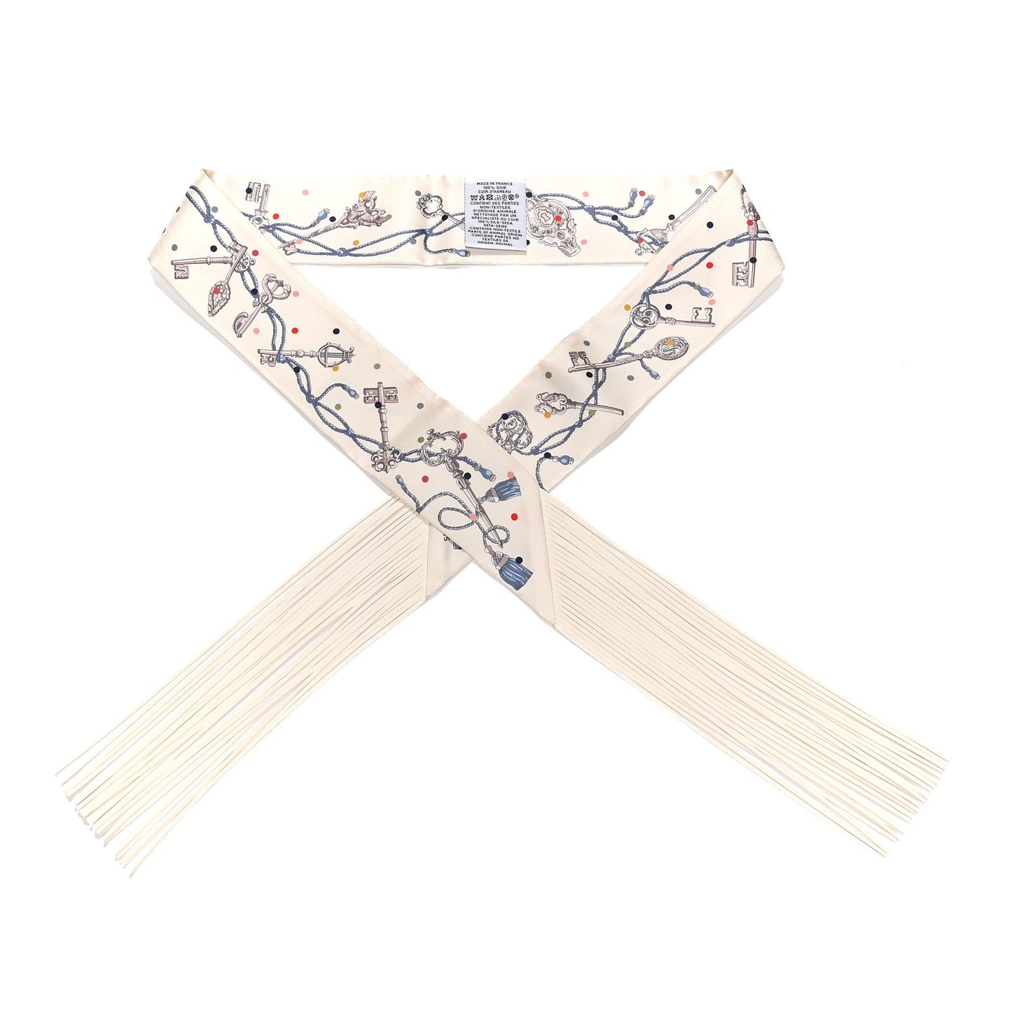 Silk Calfskin Les Cles A Pois Fringed Twilly Creme Gris Perle Multicolor