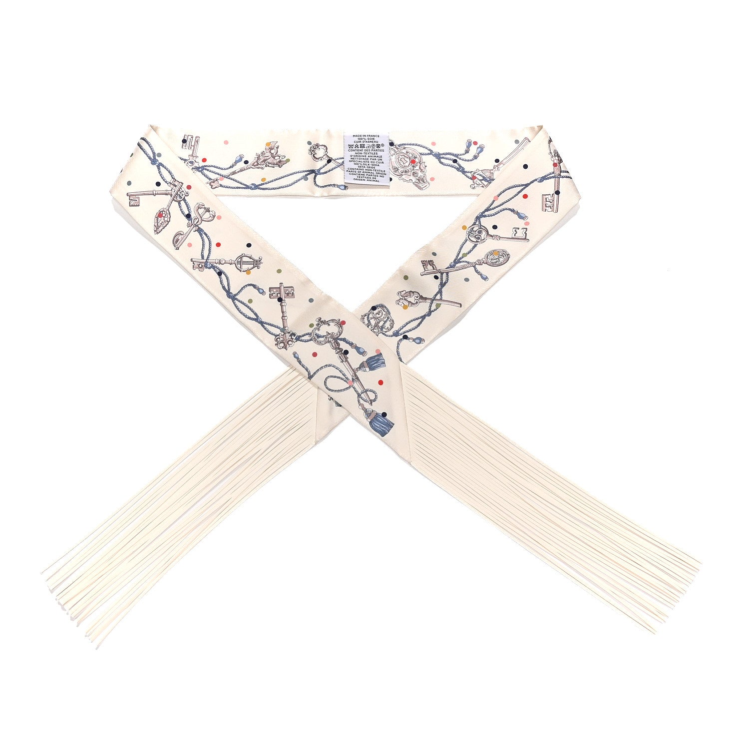 Hermes Silk Calfskin Les Cles A Pois Fringed Twilly Creme Gris Perle Multicolor 1 of 4