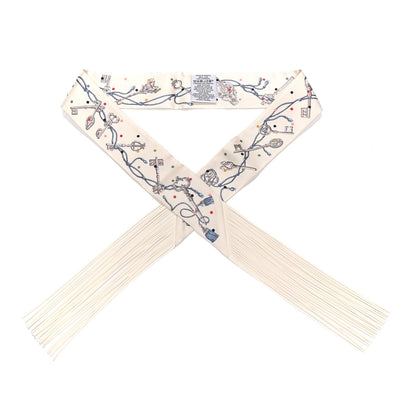Hermes Silk Calfskin Les Cles A Pois Fringed Twilly Creme Gris Perle Multicolor 1 of 4