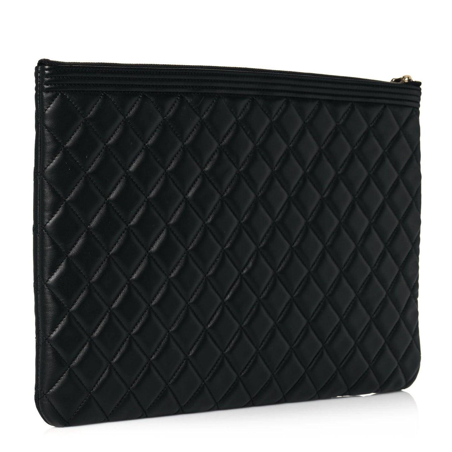 Lambskin Quilted Large Boy Zip Pouch Black