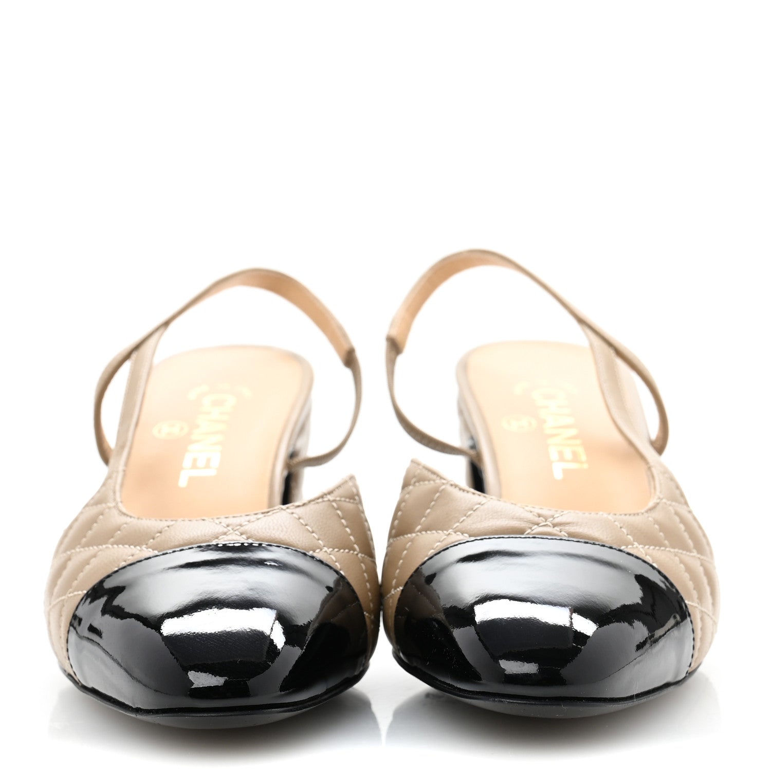 Chanel Lambskin Patent Calfskin Quilted Cap Toe CC Slingback Pumps 40 Beige Black 3 of 10