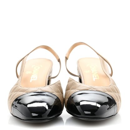 Chanel Lambskin Patent Calfskin Quilted Cap Toe CC Slingback Pumps 40 Beige Black 3 of 10