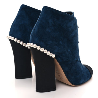 Chanel Suede Grosgrain Pearl Lace Up Booties 36 Dark Blue Black 4 of 8