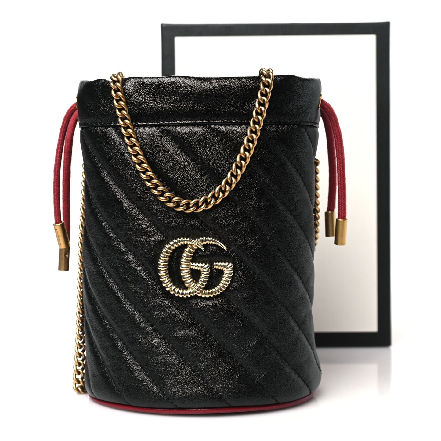 Vintage Effect Calfskin Matelasse Diagonal Mini Torchon GG Marmont 2.0 Bucket Bag Black Romantic Cherry