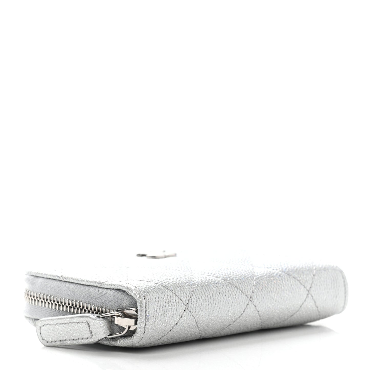 Glittered Metallic Caviar Quilted Zip Coin Purse Wallet Silver