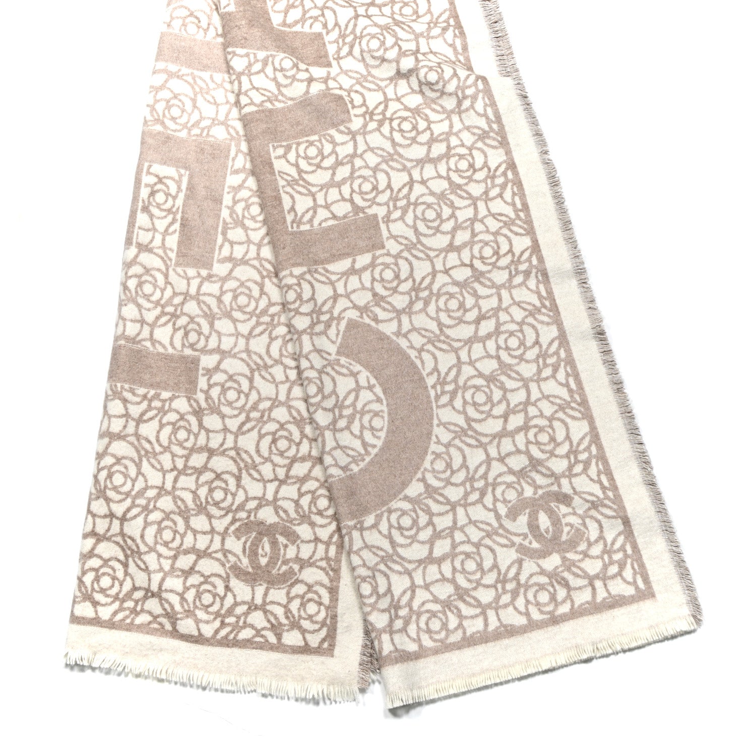Chanel Cashmere Silk Camellia Logo Scarf Beige 2 of 3