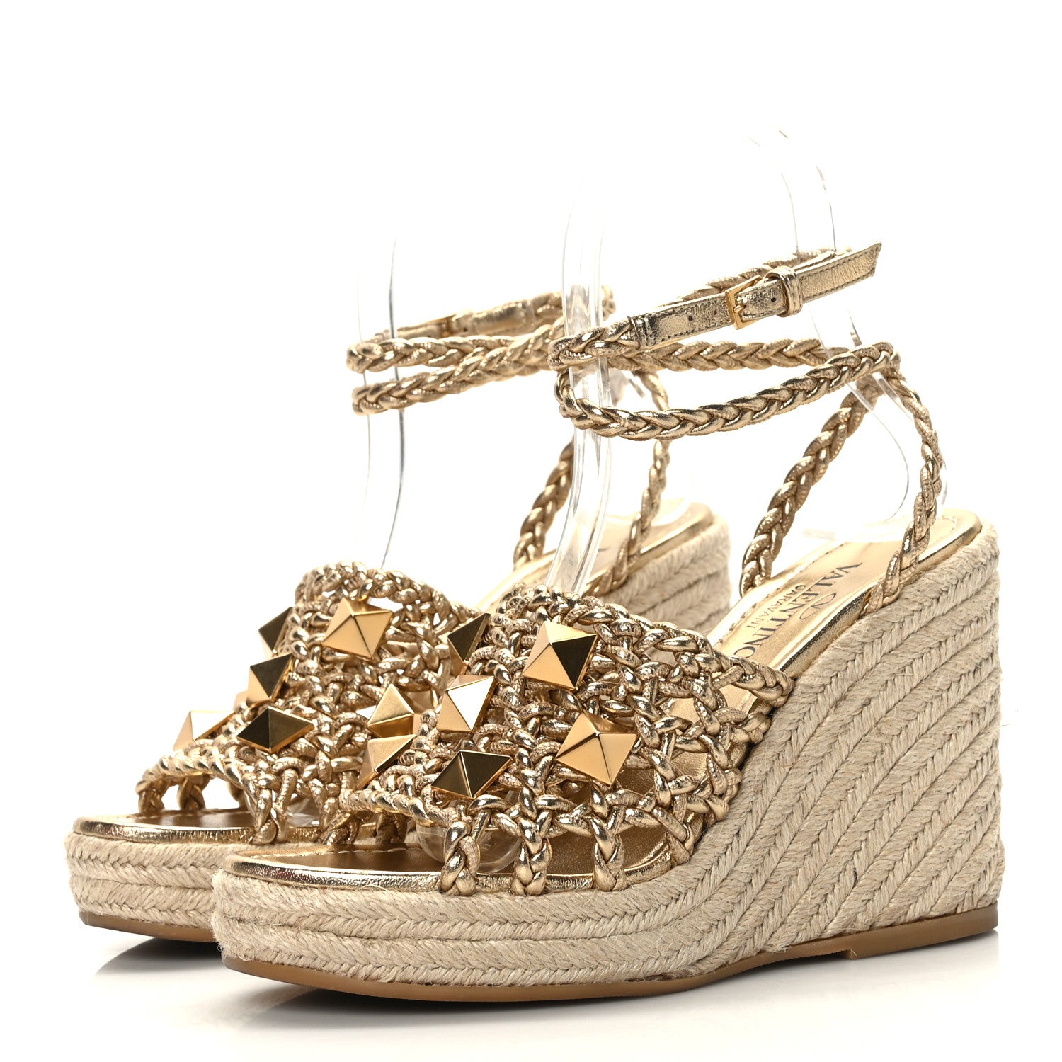 Valentino Garavani Metallic Nappa Woven Roman Stud Macrome Espadrille Wedge Ankle Wrap Sandals 35 Star Gold 3 of 7