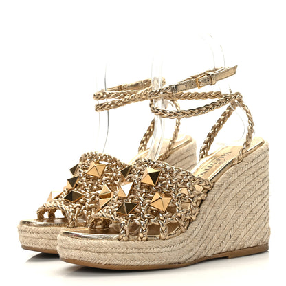 Valentino Garavani Metallic Nappa Woven Roman Stud Macrome Espadrille Wedge Ankle Wrap Sandals 35 Star Gold 3 of 7