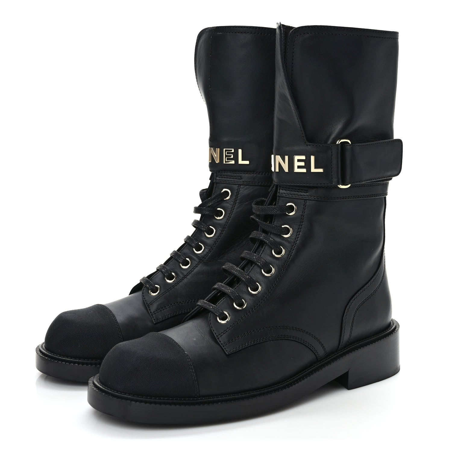 Chanel Shiny Calfskin Lace Up Combat Boots 38 Black 3 of 8