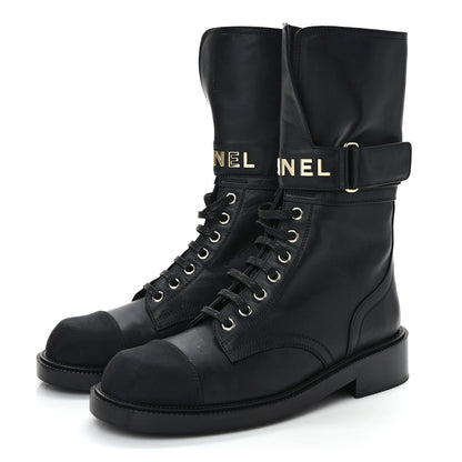 Chanel Shiny Calfskin Lace Up Combat Boots 38 Black 3 of 8