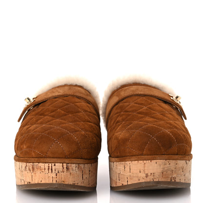 Chanel Suede Calfskin Shearling Turn Lock Clogs 40 Brown 3 of 10