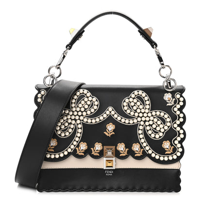 Fendi Vitello Liberty Pearl Bi-Color Flowers and Bows Scalloped Studded Kan I Shoulder Bag Black Camelia 1 of 9