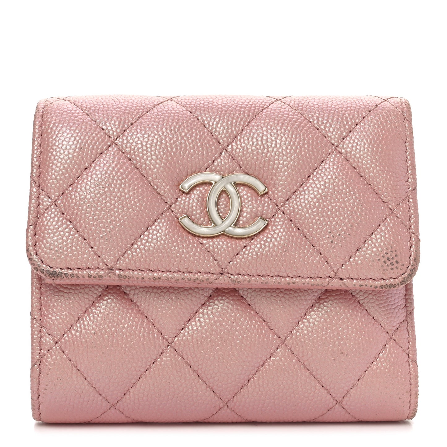 Iridescent Caviar Quilted Small Flap Wallet Rose Pink
