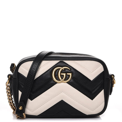 Gucci Calfskin Matelasse Mini GG Marmont Chain Shoulder Bag Black White 1 of 9