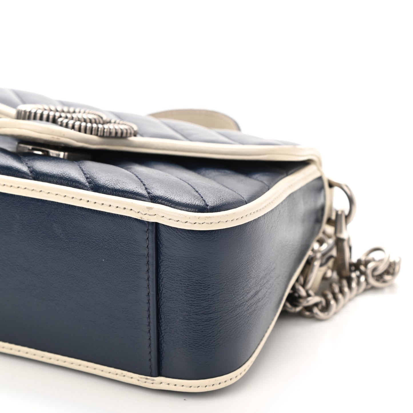 Vintage Effect Calfskin Matelasse Diagonal Mini Torchon GG Marmont Top Handle Shoulder Bag Blue Agata Mystic White