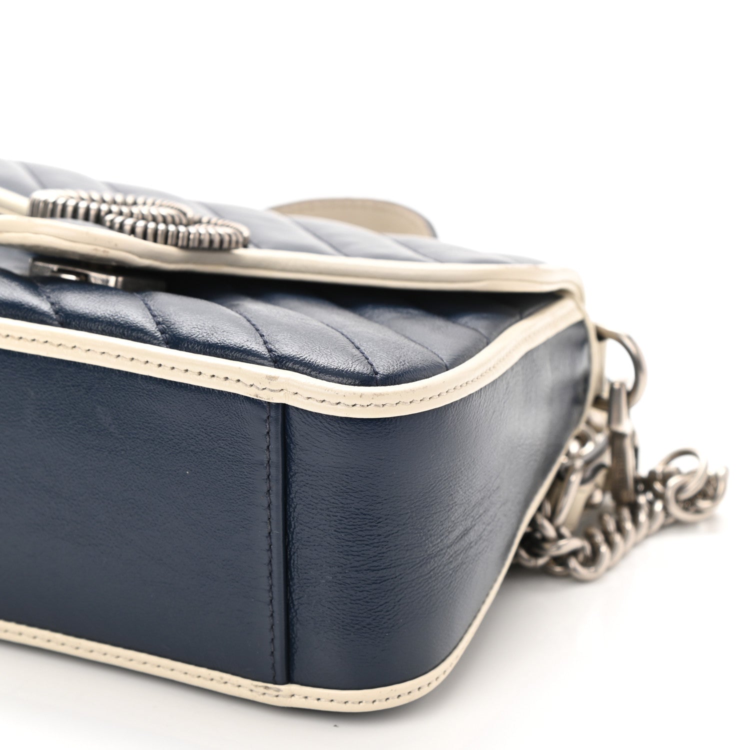 Gucci Vintage Effect Calfskin Matelasse Diagonal Mini Torchon GG Marmont Top Handle Shoulder Bag Blue Agata Mystic White 7 of 8