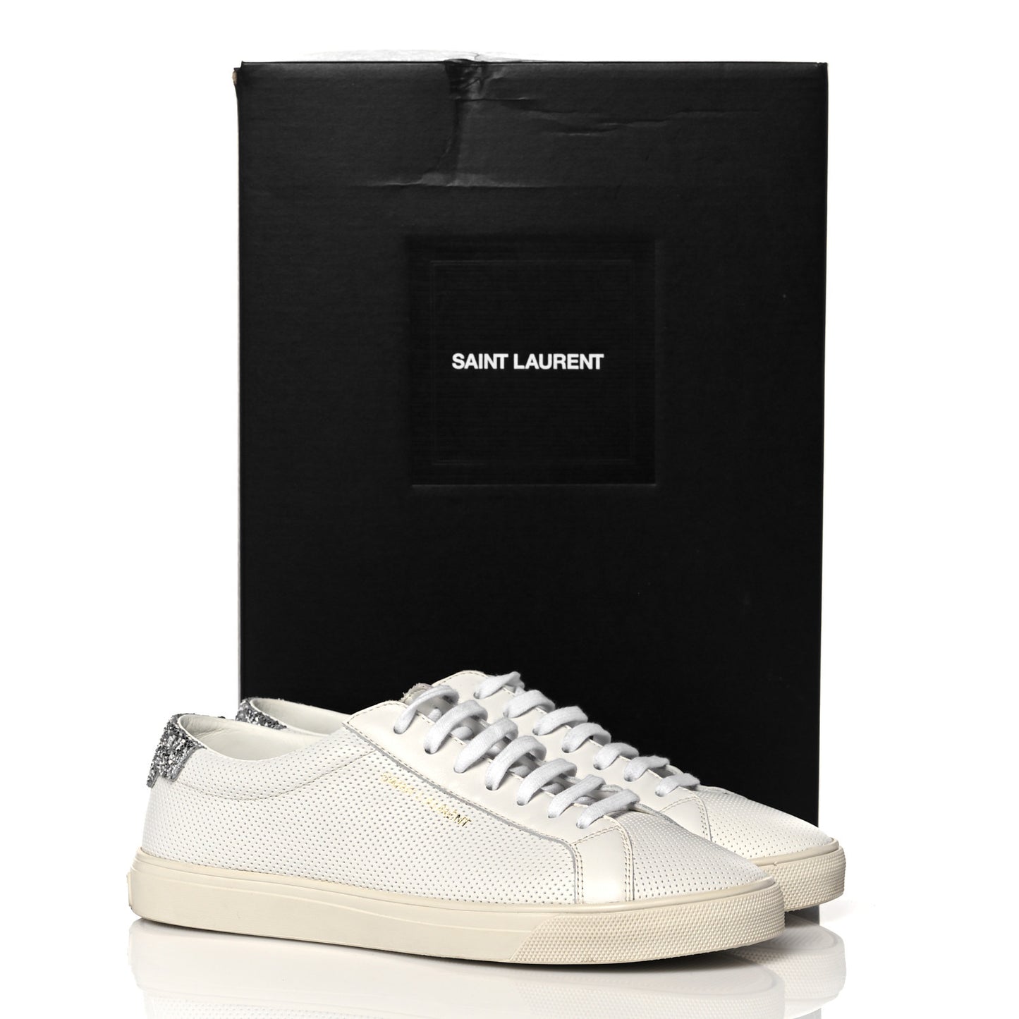Perforated Calfskin Glitter Andy Low Top Sneakers 37.5 White Silver