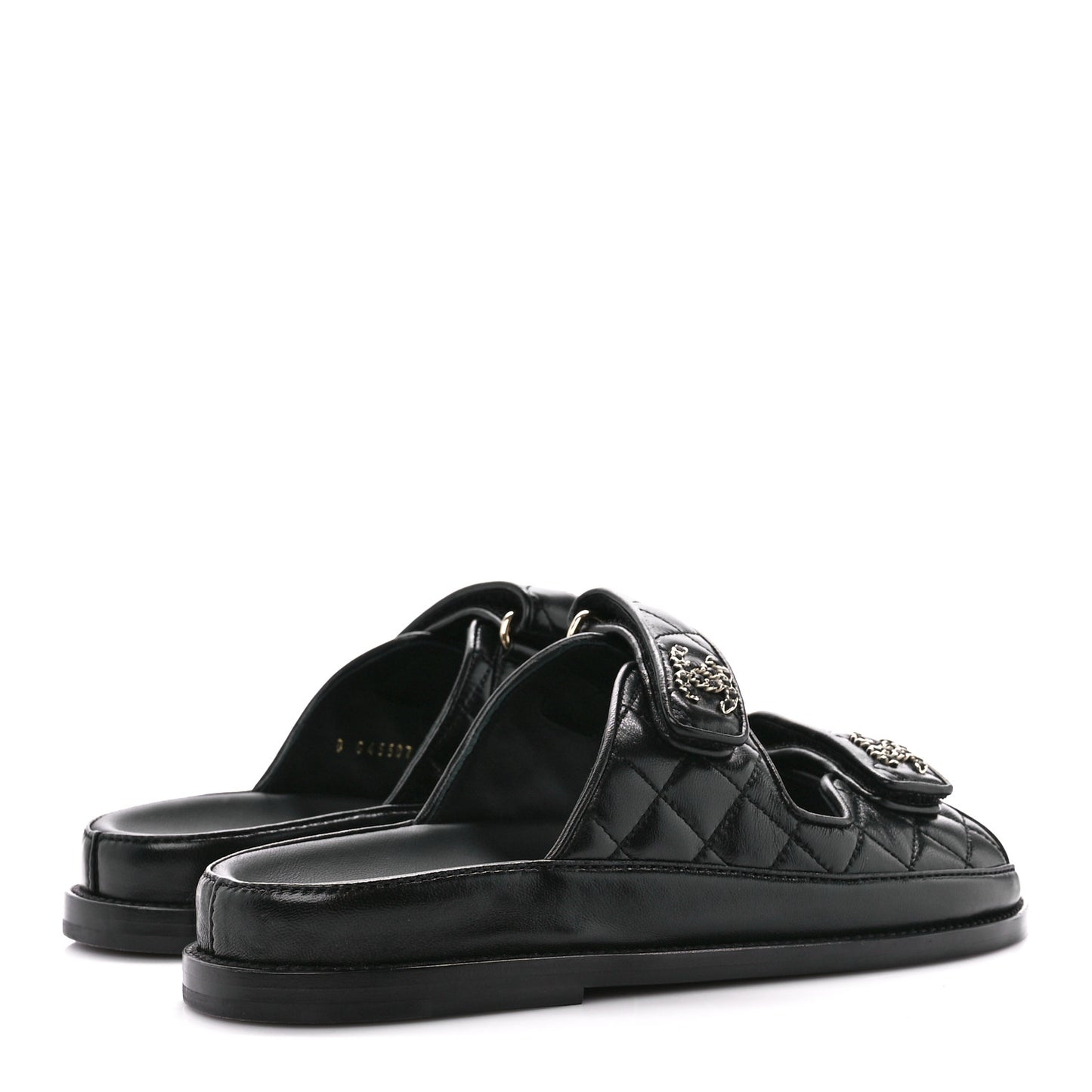 Lambskin Quilted Velcro Dad Chain CC Slide Sandals 37 Black