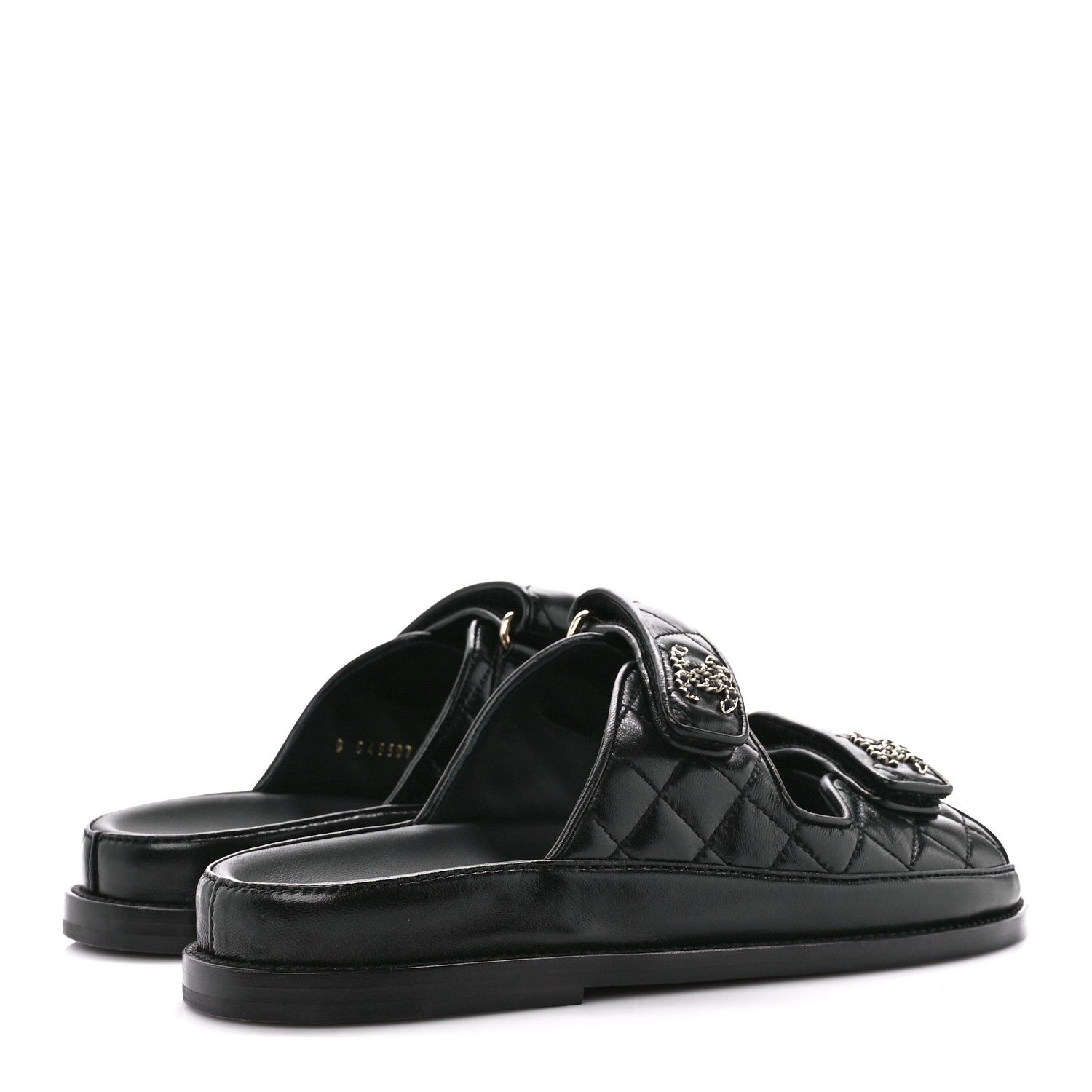 Chanel Lambskin Quilted Velcro Dad Chain CC Slide Sandals 37 Black 4 of 9