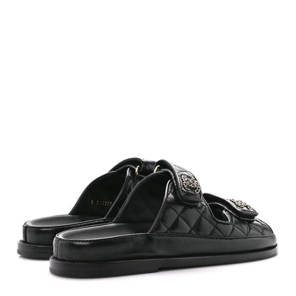 Chanel Lambskin Quilted Velcro Dad Chain CC Slide Sandals 37 Black 4 of 9
