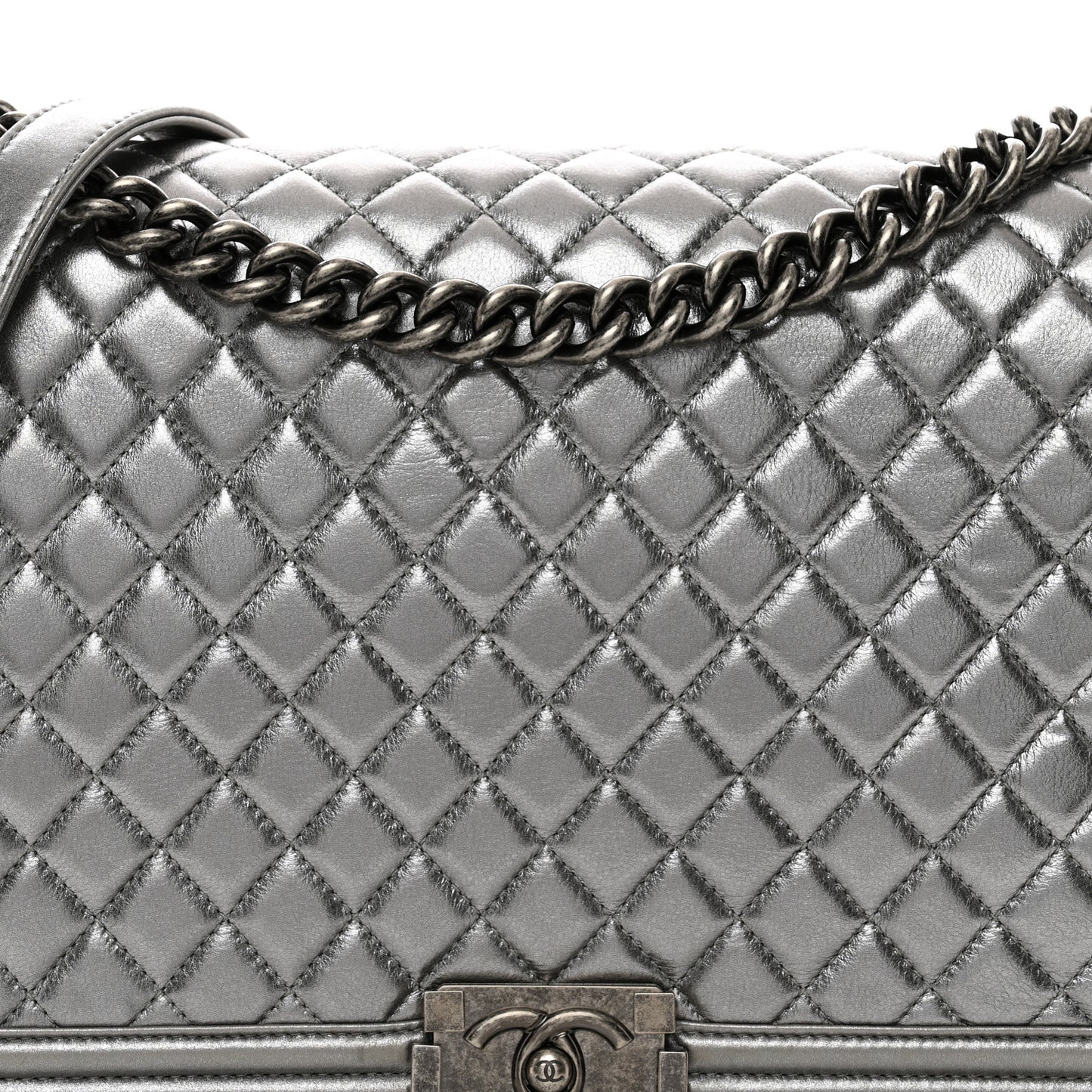 Metallic Calfskin Quilted Large Boy Flap Silver