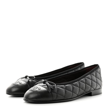 Chanel Aged Calfskin Quilted CC Cap Toe Ballerina Flats 37 Black 3 of 8