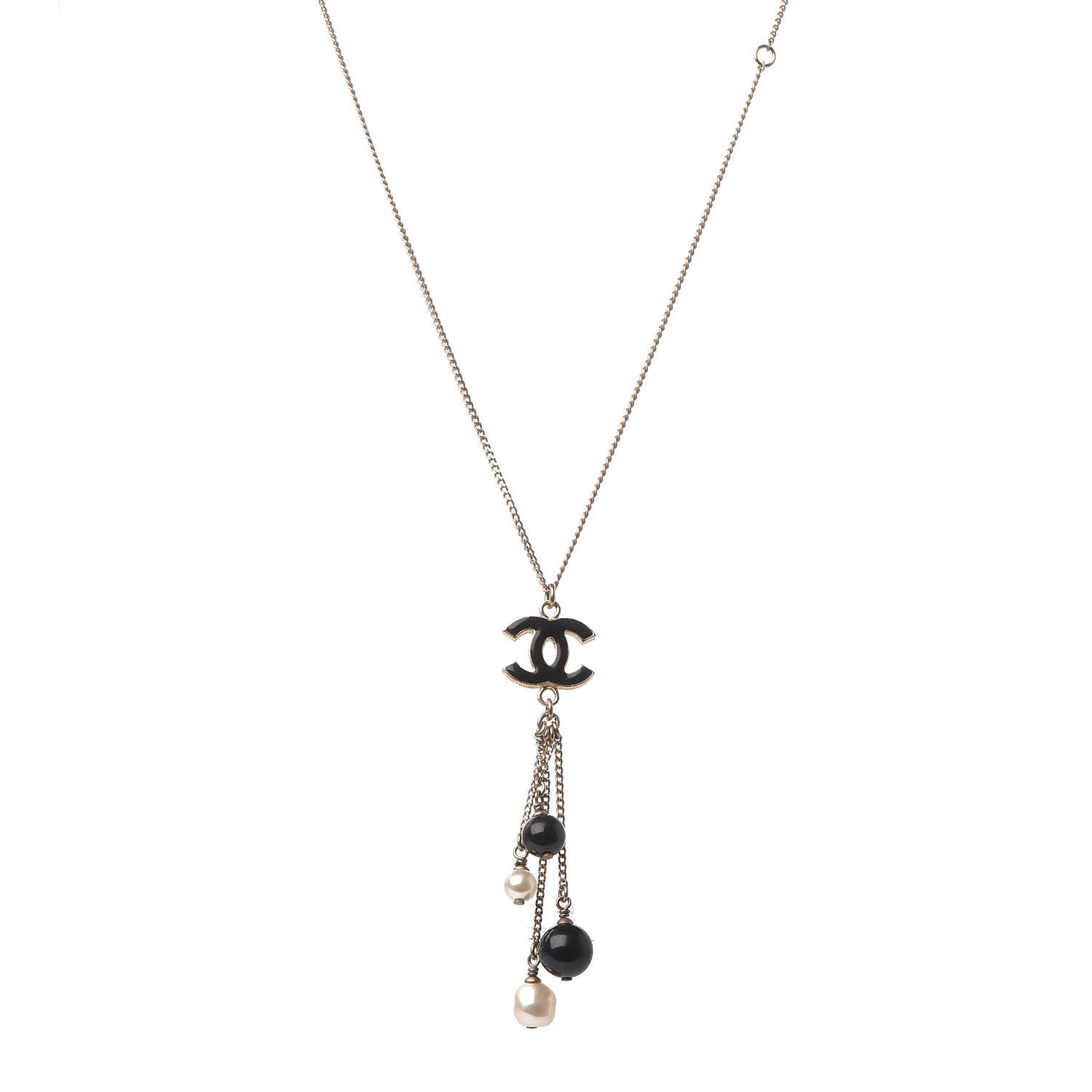 Enamel Bead Pearl CC Drop Necklace Black Gold