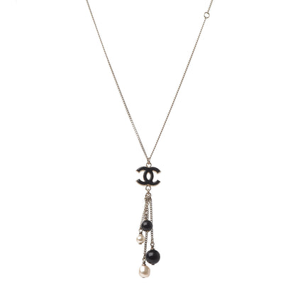 Chanel Enamel Bead Pearl CC Drop Necklace Black Gold 1 of 5