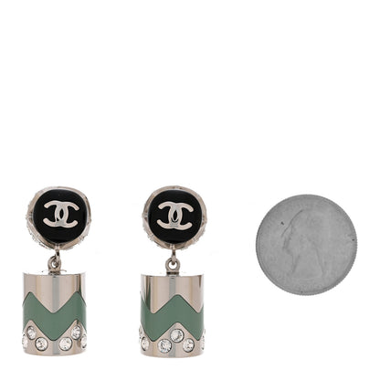Chanel Metal Resin Crystal CC Pendant Earrings Silver Black Green 2 of 5