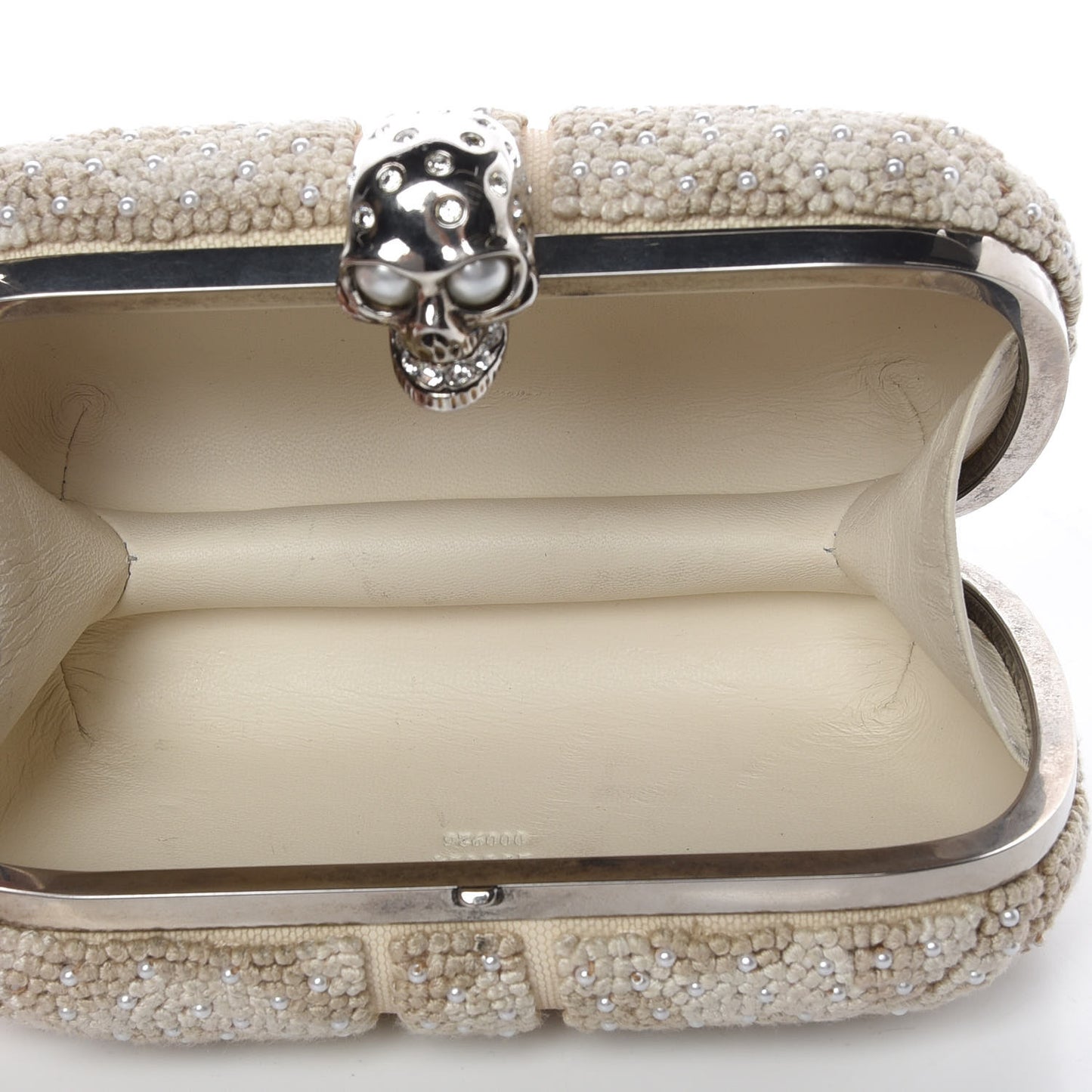 Canvas Beaded Britannia Skull Box Clutch Natural