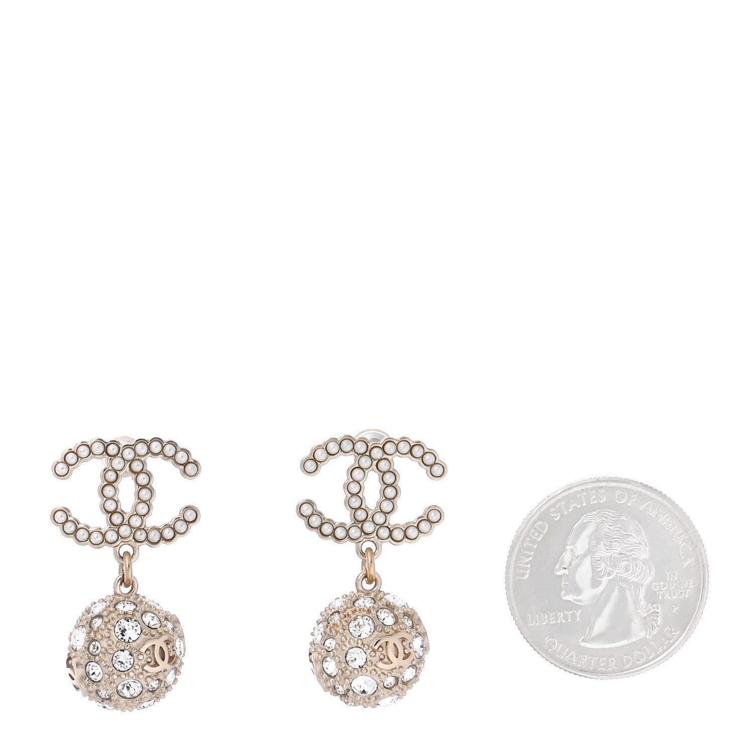 Chanel Crystal Pearl CC Drop Earrings Gold Pearly White 2 of 5