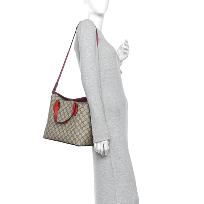 Gucci GG Supreme Monogram Linea A Foldover Tote Beige Hibiscus Red New Rosette 2 of 10