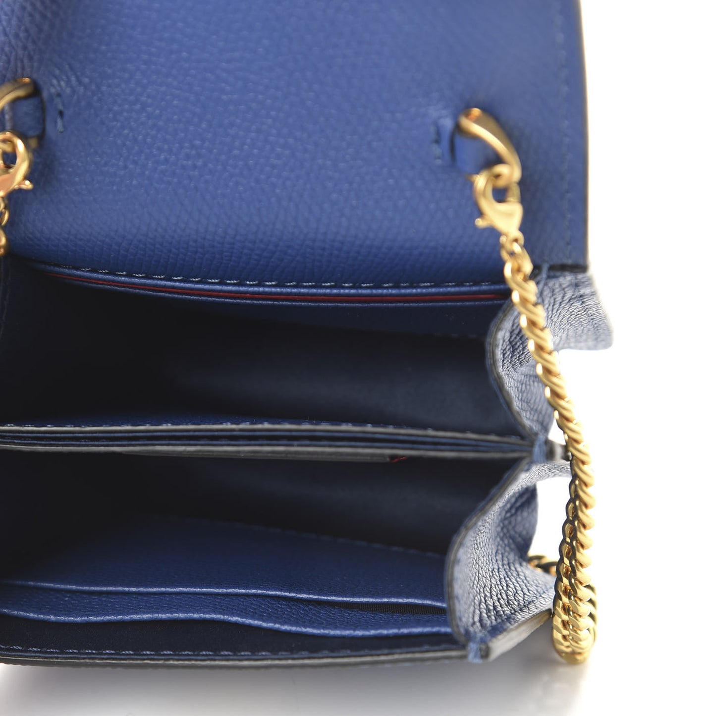 Grainy Calfskin VLogo Compact Wallet with Chain Blue