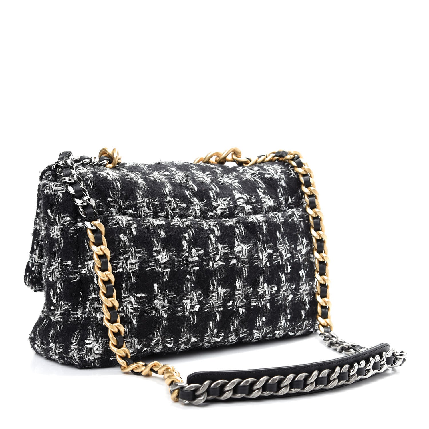 Chanel Tweed Quilted Large Chanel 19 Flap Black Silver Ecru 3 of 9