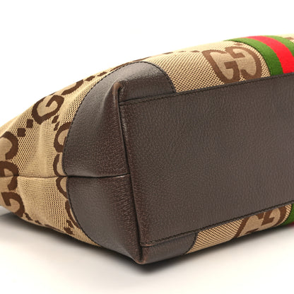 Gucci Monogram Jumbo GG Textured Dollar Calfskin Web Medium Ophidia Shopping Tote Camel Ebony 10 of 13