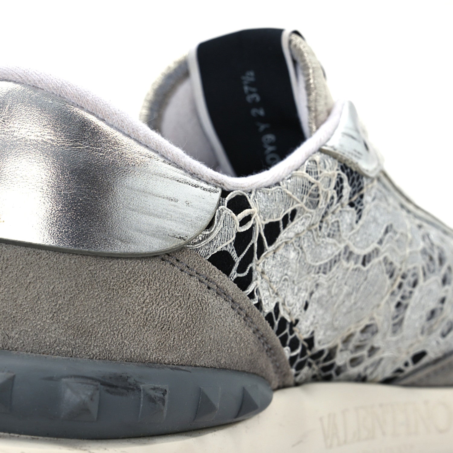 Valentino Garavani Metallic Calfskin Lace Mesh Lacerunner Sneaker 37.5 Silver Pastel Gray 11 of 15