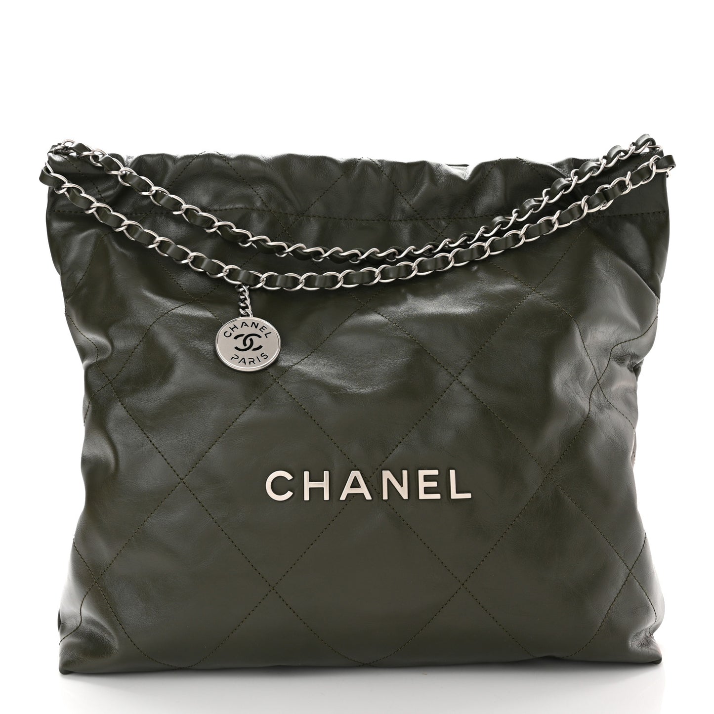 Shiny Calfskin Quilted Chanel 22 Khaki