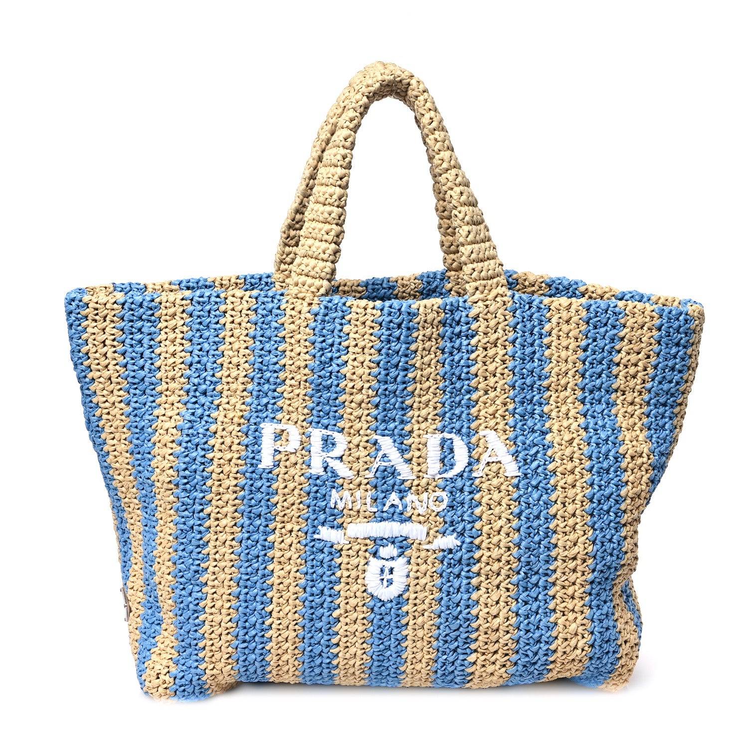 Prada Yarn Raffia Effect Crochet Striped Large Logo Tote Naturale Celeste 1 of 9