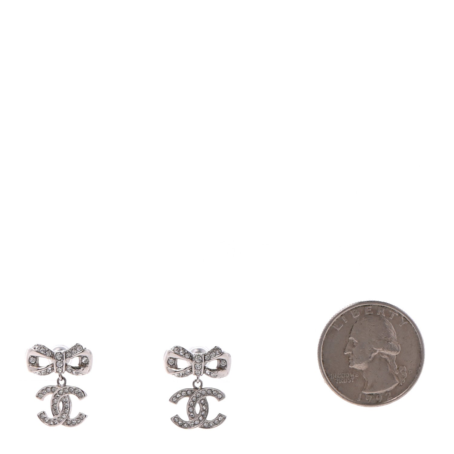 Chanel Crystal CC Bow Dangle Earrings Silver 2 of 4