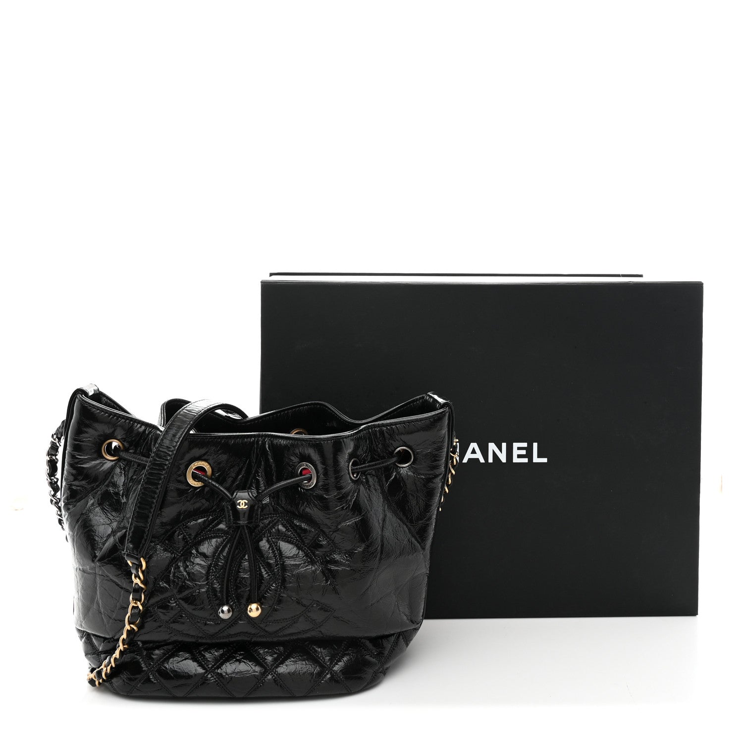 Chanel Shiny Aged Calfskin CC Chain Drawstring Bag Black 11 of 11