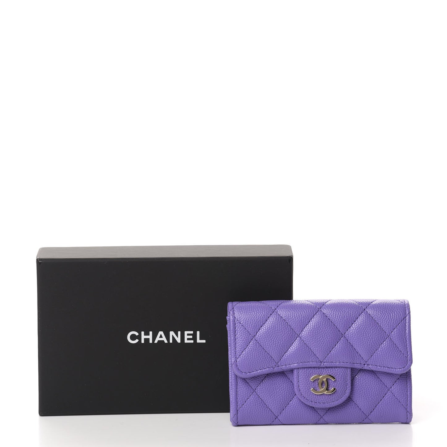 Caviar Quilted Flap Card Holder Wallet Purple