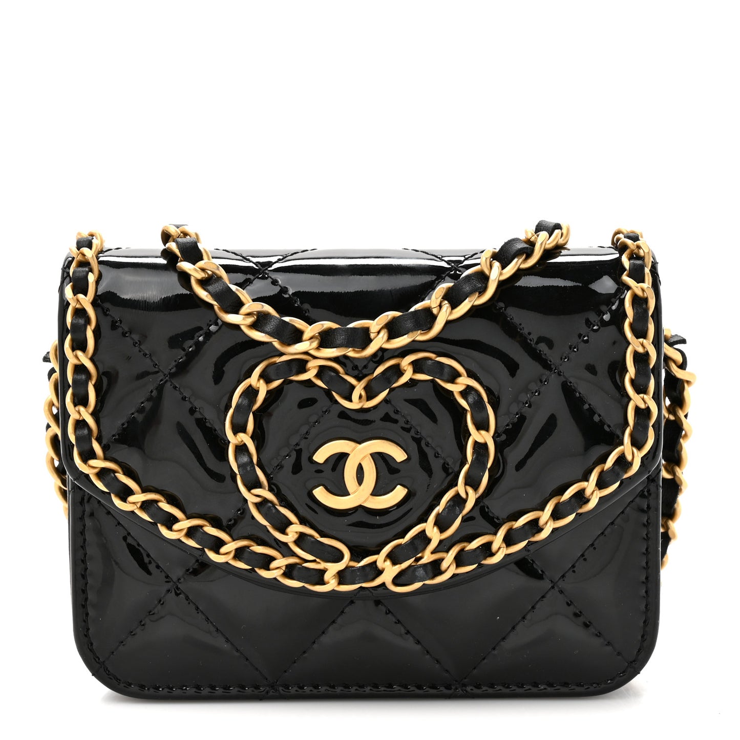 Patent Quilted Chain Around Heart Mini Chain Flap Black