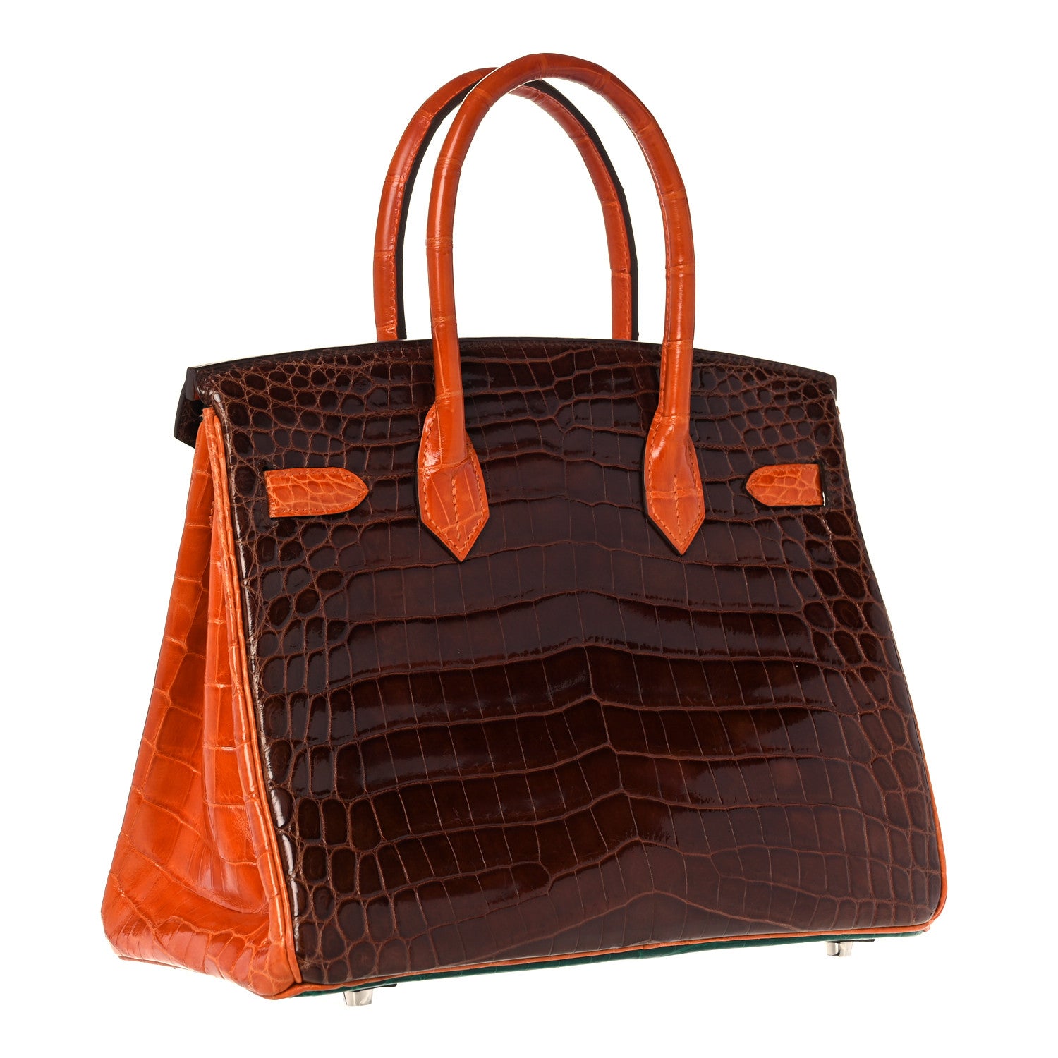 Hermes Shiny Niloticus Crocodile Horseshoe Birkin 30 Vert Emeraude Orange Miel 3 of 35