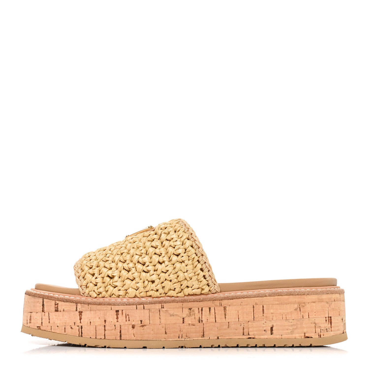 Prada Raffia Metal Triangle Logo Woven Flatform 35mm Slide Sandals 36 Naturale 1 of 9