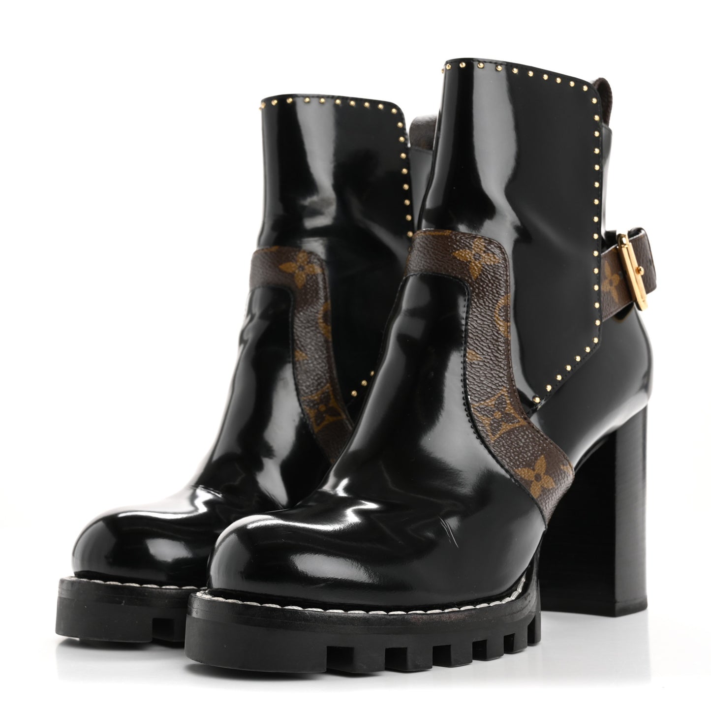 Glazed Calfskin Monogram Embellished Star Trail Ankle Boots 37.5 Black