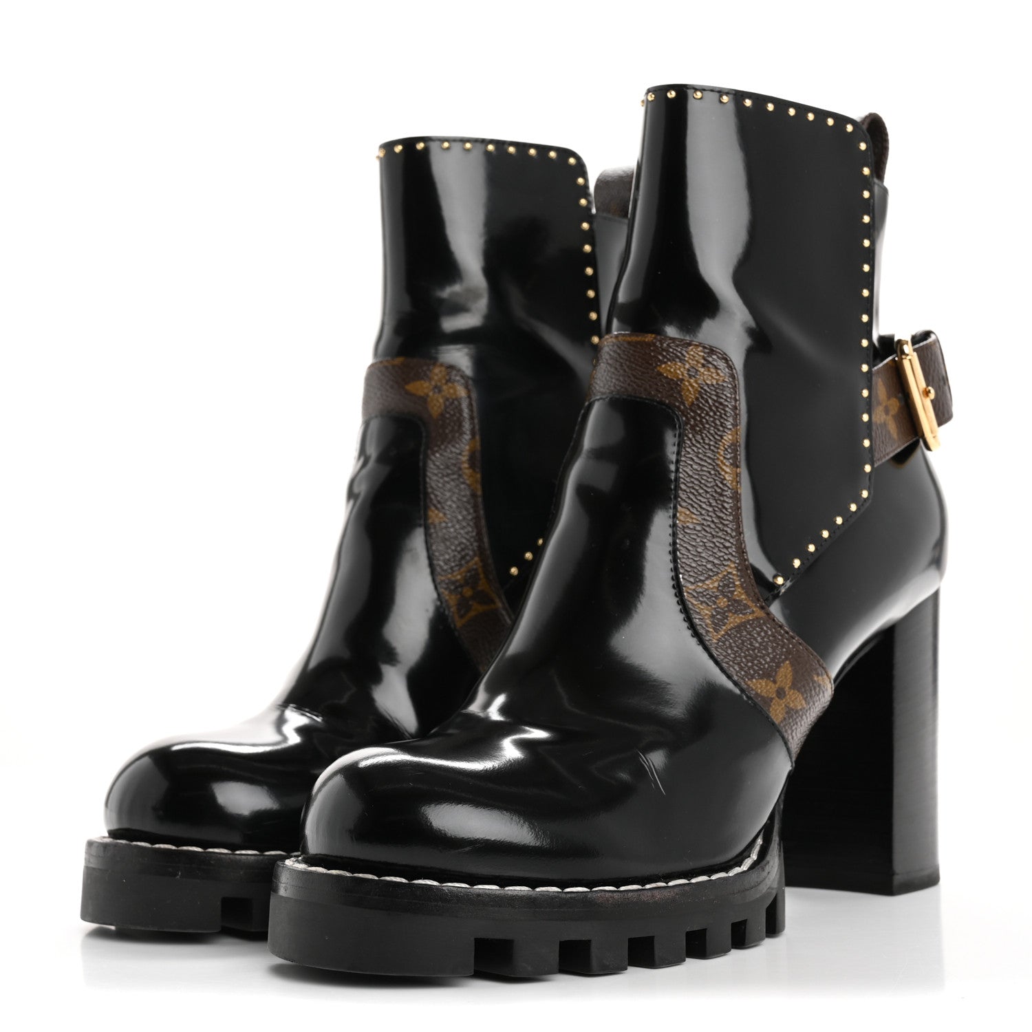 Louis Vuitton Glazed Calfskin Monogram Embellished Star Trail Ankle Boots 37.5 Black 4 of 14