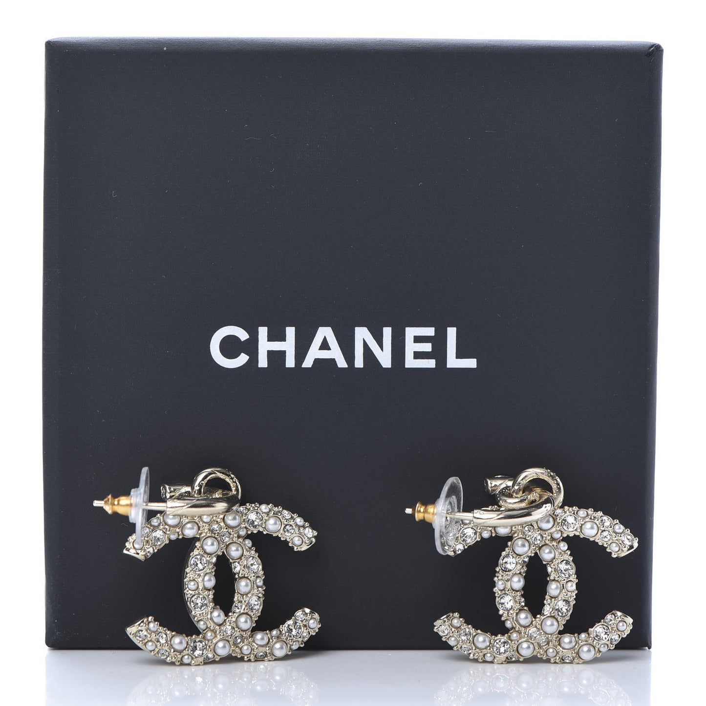 Crystal Pearl Caviar CC Drop Earrings Gold