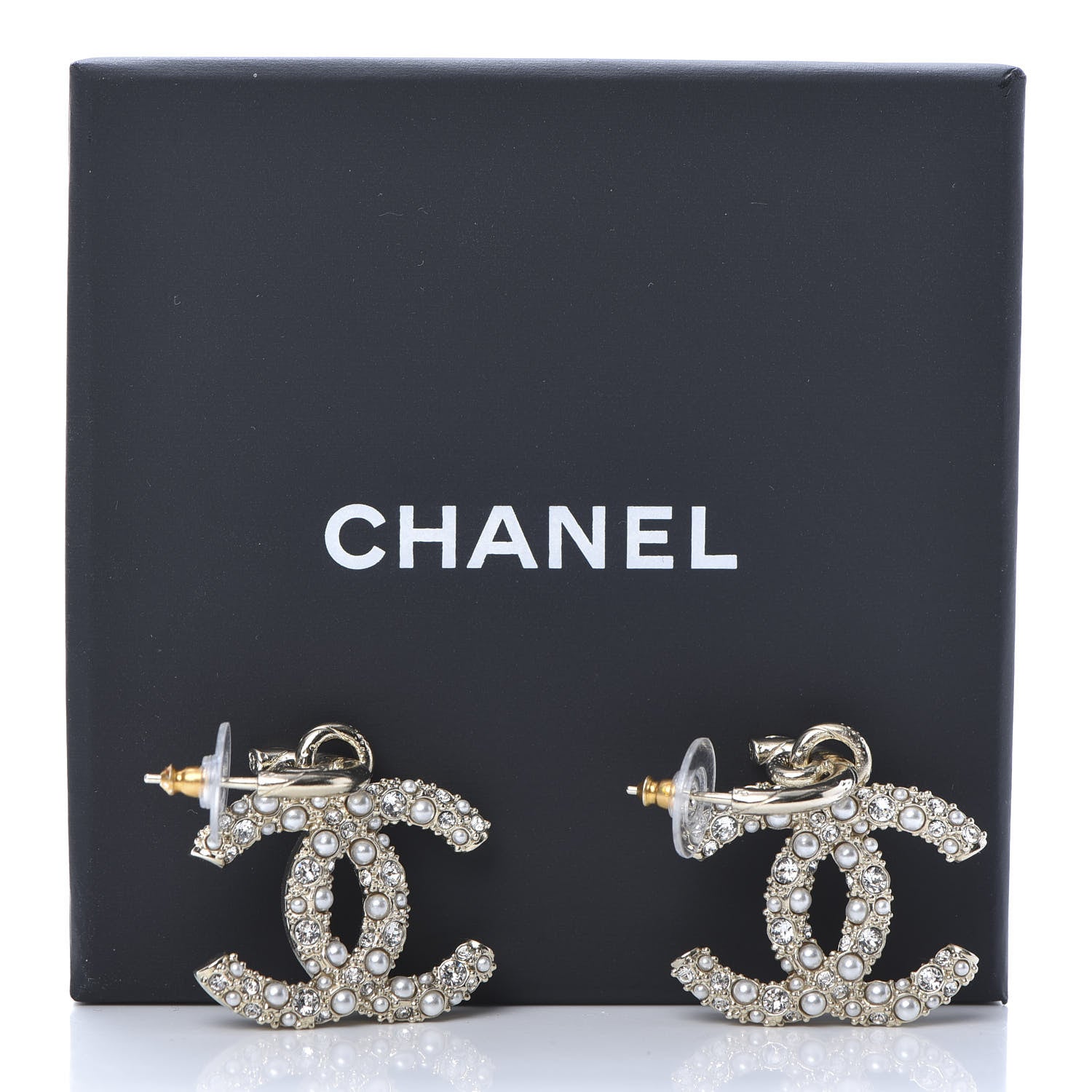 Chanel Crystal Pearl Caviar CC Drop Earrings Gold 5 of 5