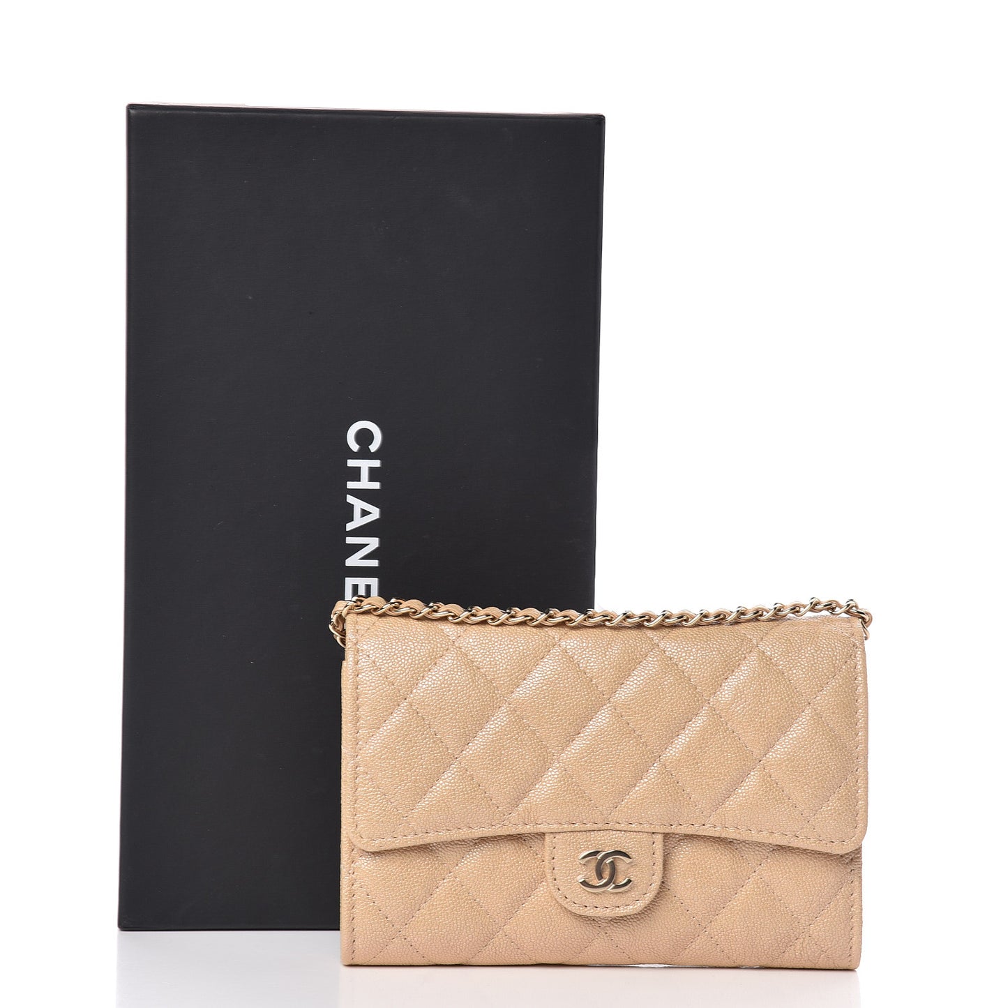 Iridescent Caviar Quilted Classic Clutch With Chain Beige